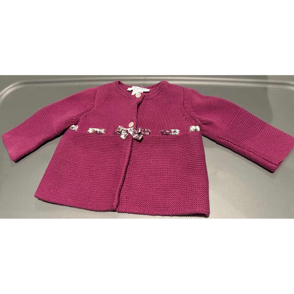 Jacadi Paris Baby Girl Magenta Knit Cardigan Sweater Floral Trim Bow 3M Plum